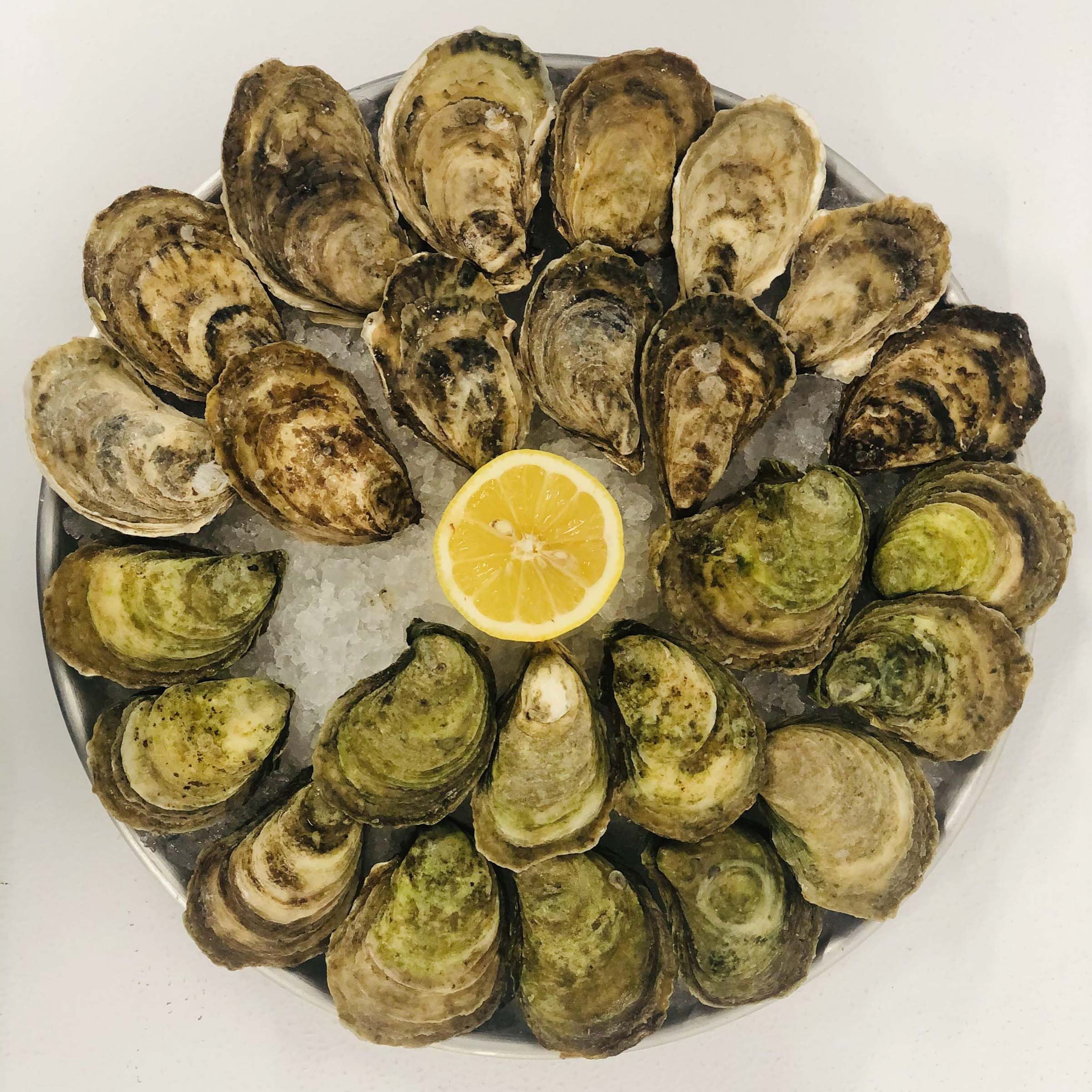 Shucked Raspberry Point & Lucky Limes Oyster Duo Platter - 36 un. on Ice